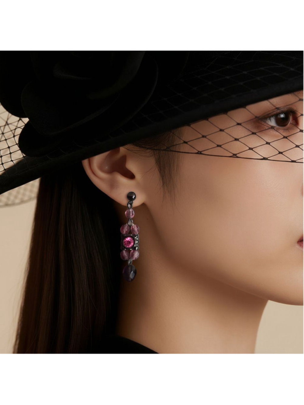 Vintage Pink & Black Beaded Drop Earrings, One Size Whimsigoth FairyCore Gothic